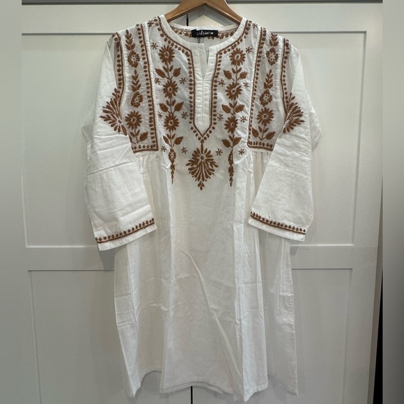 Vahson Handmade Short Chikan Cotton Kurti Embroidered Womens Sz Large White NEW - Picture 8 of 15